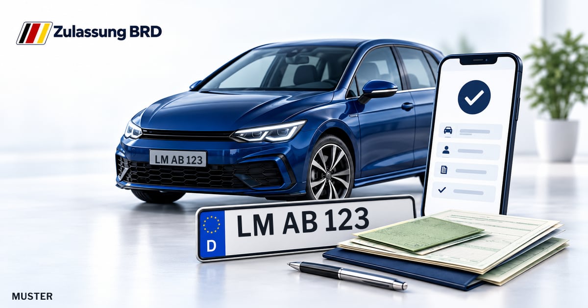 Online Fahrzeugzulassung in Elz: Musterkennzeichen LM AB 123, Auto und Fahrzeugpapiere und Smartphone. Illustration mit Logo von Zulassung BRD.